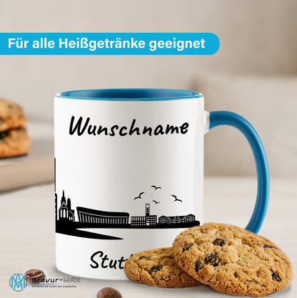 Tasse in Hellblau 330ml bedruckt mit der Skyline von Stuttgart personalisierbar mit Wunschname