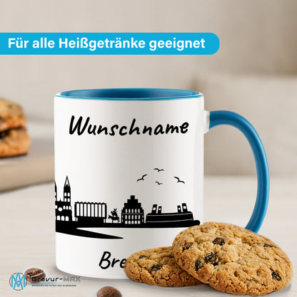 Tasse in Hellblau 330ml bedruckt mit der Skyline von Bremen personalisierbar mit Wunschname