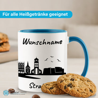 Tasse in Hellblau 330ml bedruckt mit der Skyline von Stralsund personalisierbar mit Wunschname