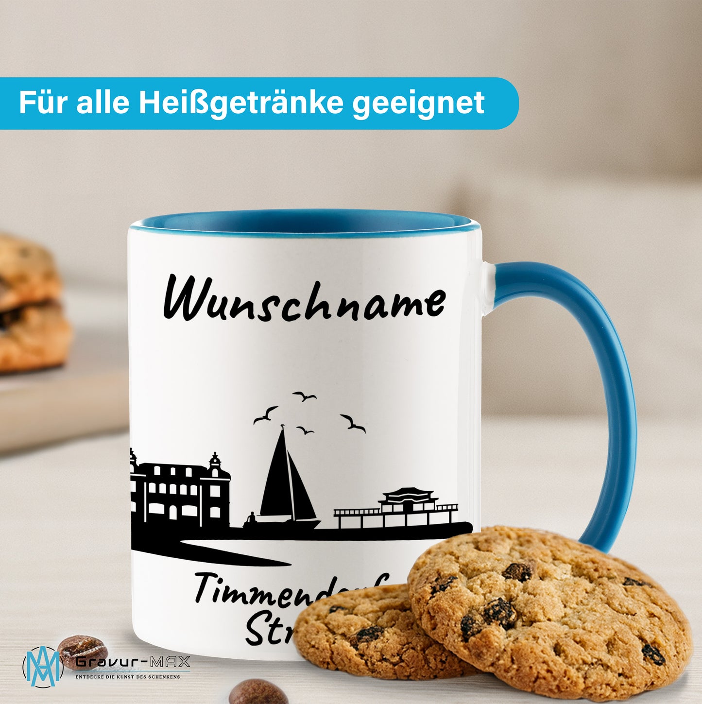 Tasse in Hellblau 330ml bedruckt mit der Skyline von Timmendorfer Strand personalisierbar mit Wunschname