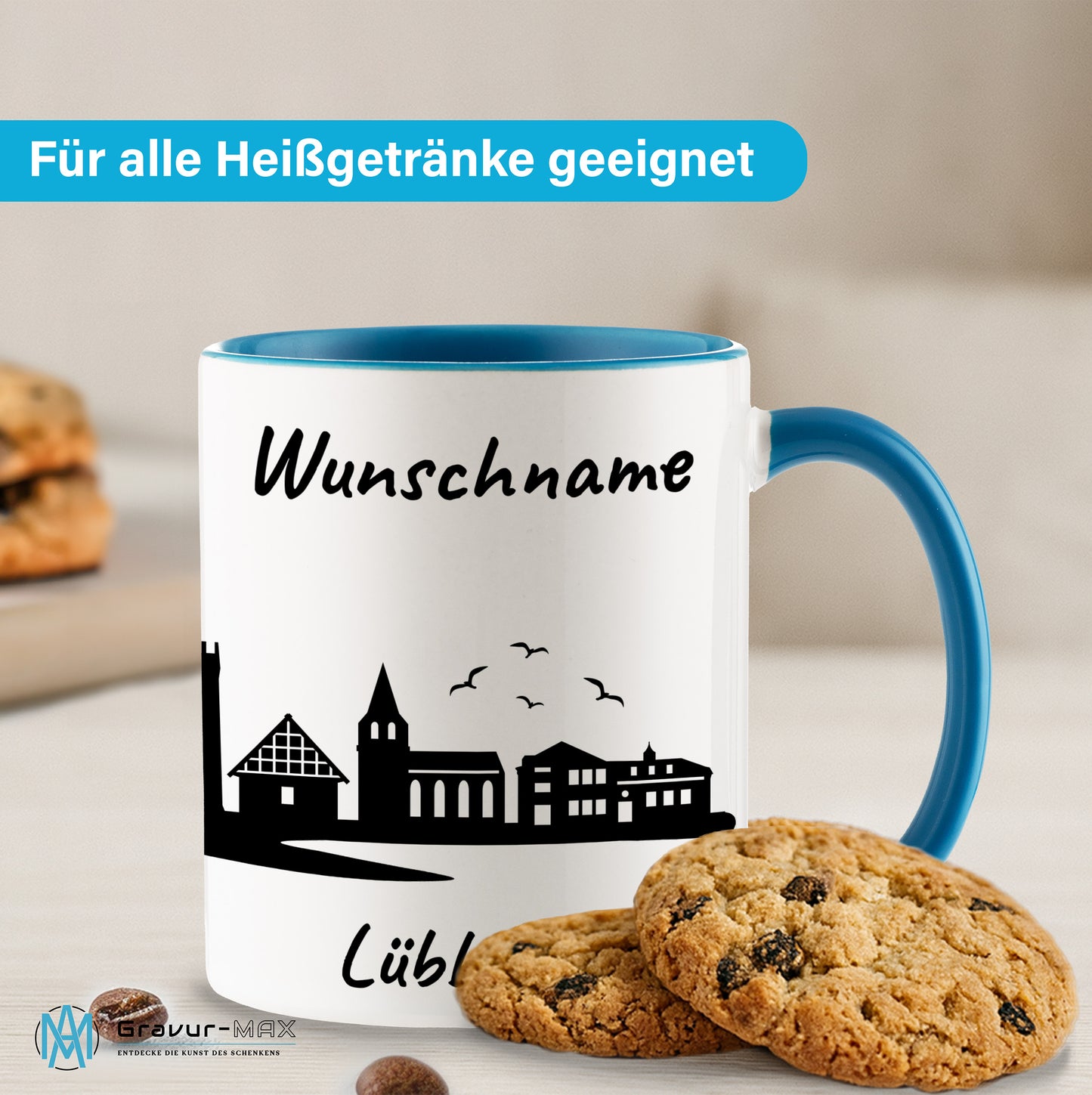 Tasse in Hellblau 330ml bedruckt mit der Skyline von Lübbecke personalisierbar mit Wunschname