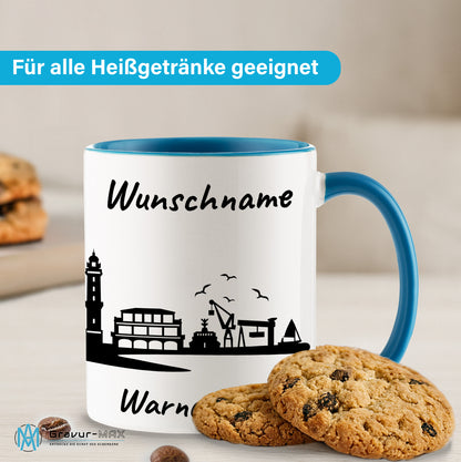 Tasse in Hellblau 330ml bedruckt mit der Skyline von Warnemünde personalisierbar mit Wunschname