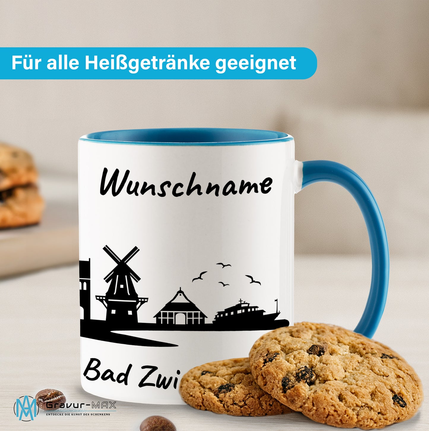 Tasse in Hellblau 330ml bedruckt mit der Skyline von Bad Zwischenahn personalisierbar mit Wunschname