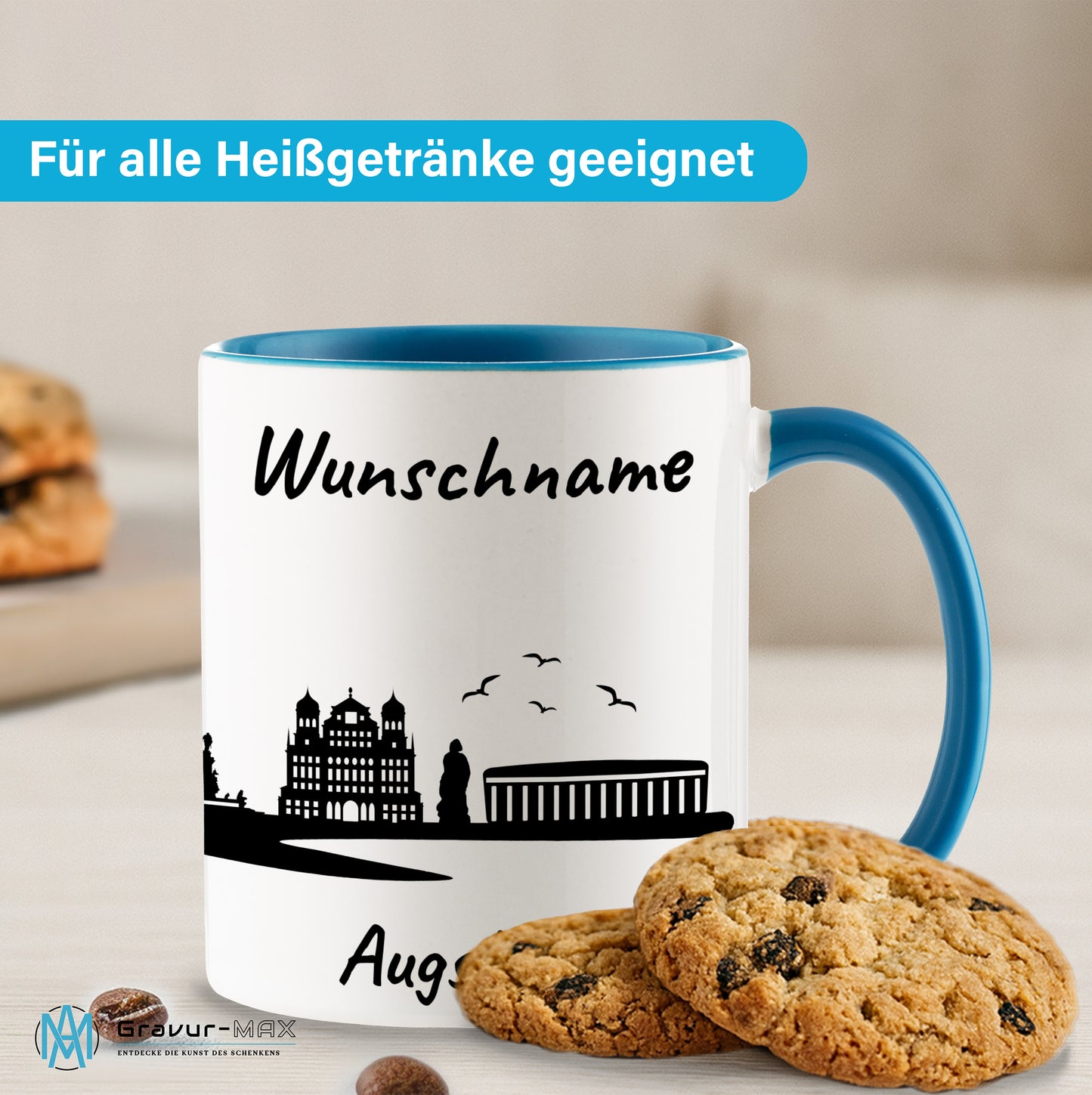 Tasse in Hellblau 330ml bedruckt mit der Skyline von Augsburg personalisierbar mit Wunschname