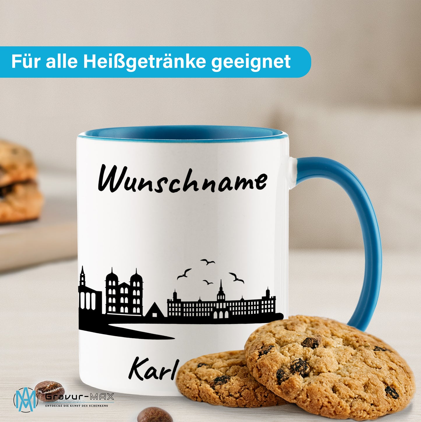 Tasse in Hellblau 330ml bedruckt mit der Skyline von Karlsruhe personalisierbar mit Wunschname