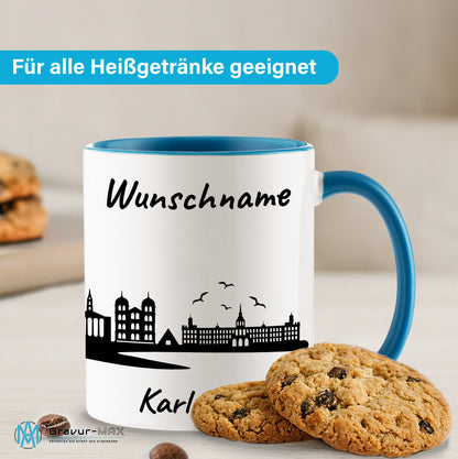 Tasse in Hellblau 330ml bedruckt mit der Skyline von Karlsruhe personalisierbar mit Wunschname