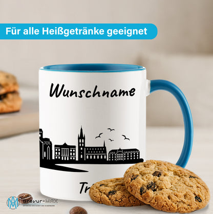 Tasse in Hellblau 330ml bedruckt mit der Skyline von Trier personalisierbar mit Wunschname