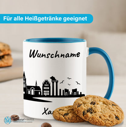 Tasse in Hellblau 330ml bedruckt mit der Skyline von Xanten personalisierbar mit Wunschname