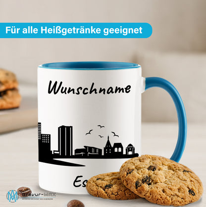Tasse in Hellblau 330ml bedruckt mit der Skyline von Essen personalisierbar mit Wunschname