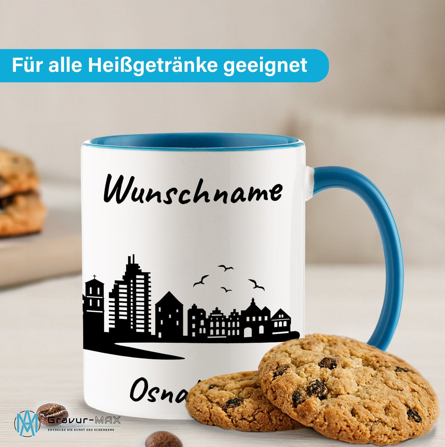 Tasse in Hellblau 330ml bedruckt mit der Skyline von Osnabrück personalisierbar mit Wunschname
