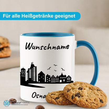 Tasse in Hellblau 330ml bedruckt mit der Skyline von Osnabrück personalisierbar mit Wunschname