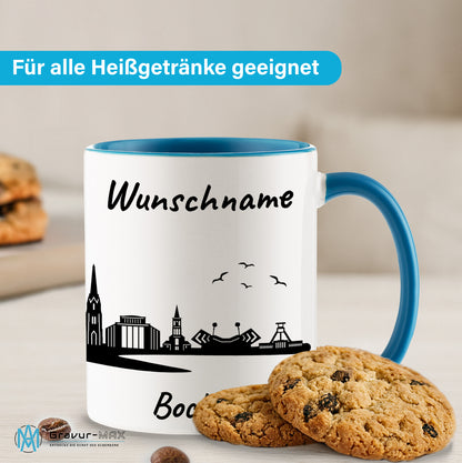 Tasse in Hellblau 330ml bedruckt mit der Skyline von Bochum personalisierbar mit Wunschname