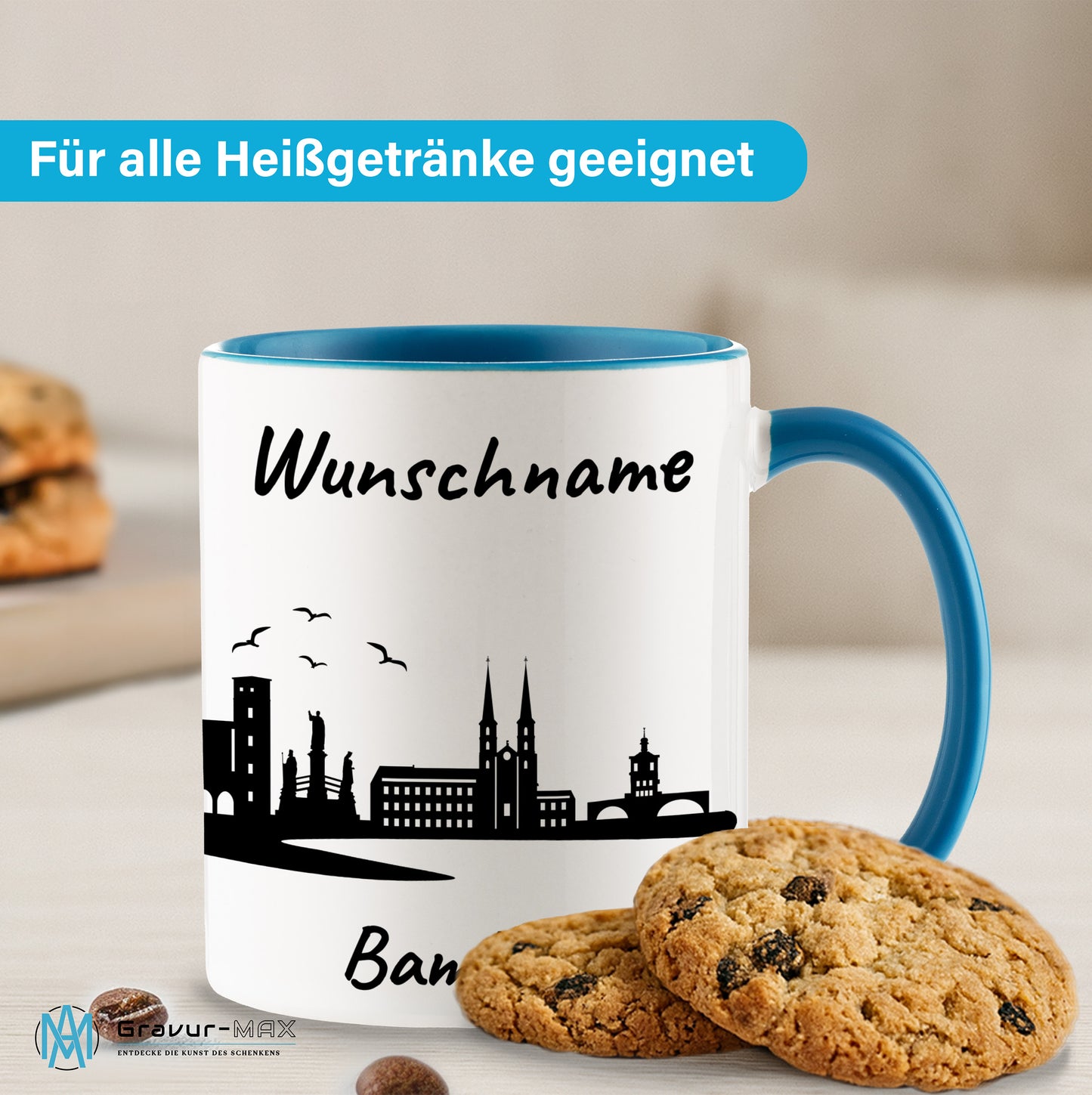 Tasse in Hellblau 330ml bedruckt mit der Skyline von Bamberg personalisierbar mit Wunschname