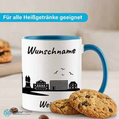 Tasse in Hellblau 330ml bedruckt mit der Skyline von Weimar personalisierbar mit Wunschname