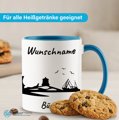 Tasse in Hellblau 330ml bedruckt mit der Skyline von Büsum personalisierbar mit Wunschname