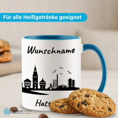 Tasse in Hellblau 330ml bedruckt mit der Skyline von Hattingen personalisierbar mit Wunschname