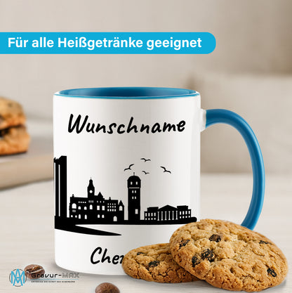Tasse in Hellblau 330ml bedruckt mit der Skyline von Chemnitz personalisierbar mit Wunschname
