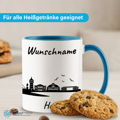 Tasse in Hellblau 330ml bedruckt mit der Skyline von Halle personalisierbar mit Wunschname