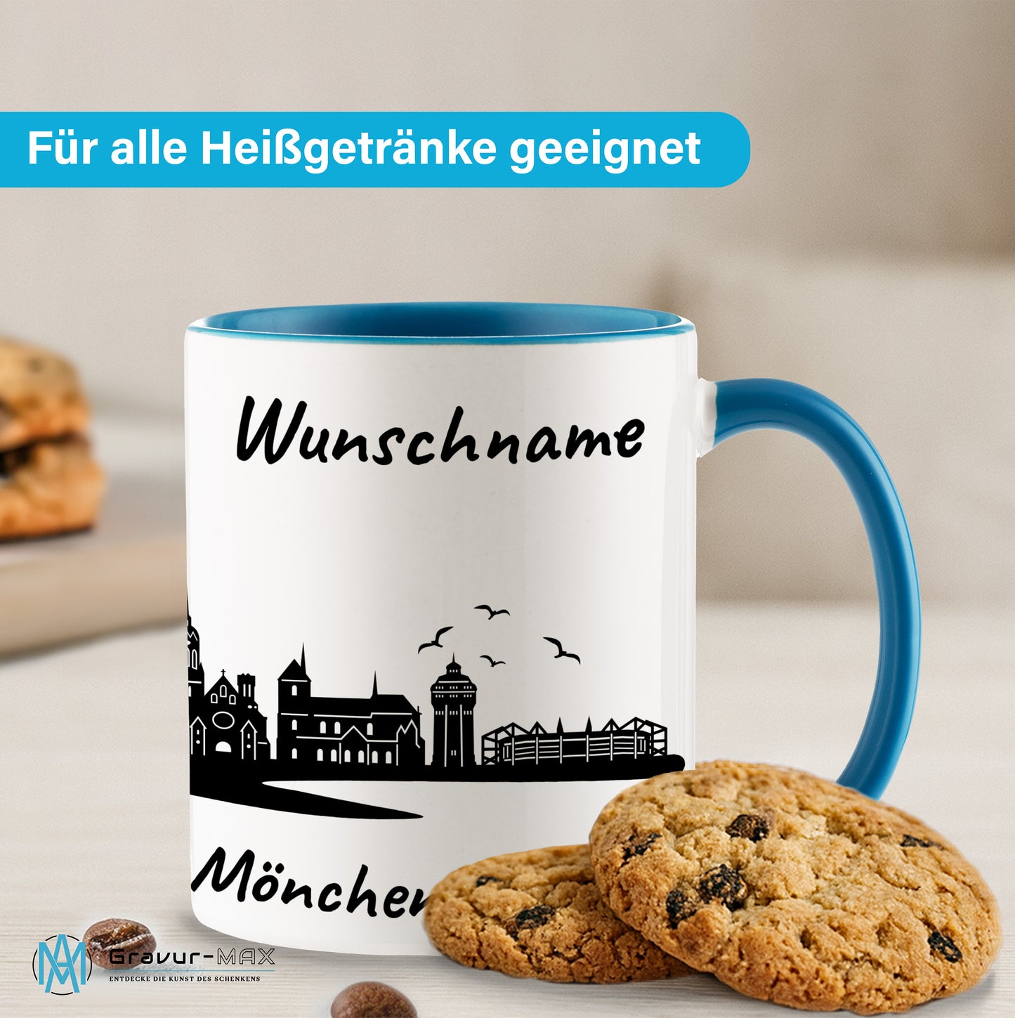 Tasse in Hellblau 330ml bedruckt mit der Skyline von Mönchengladbach personalisierbar mit Wunschname