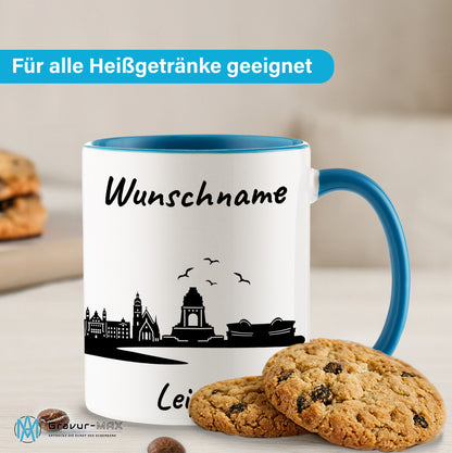 Tasse in Hellblau 330ml bedruckt mit der Skyline von Leipzig personalisierbar mit Wunschname