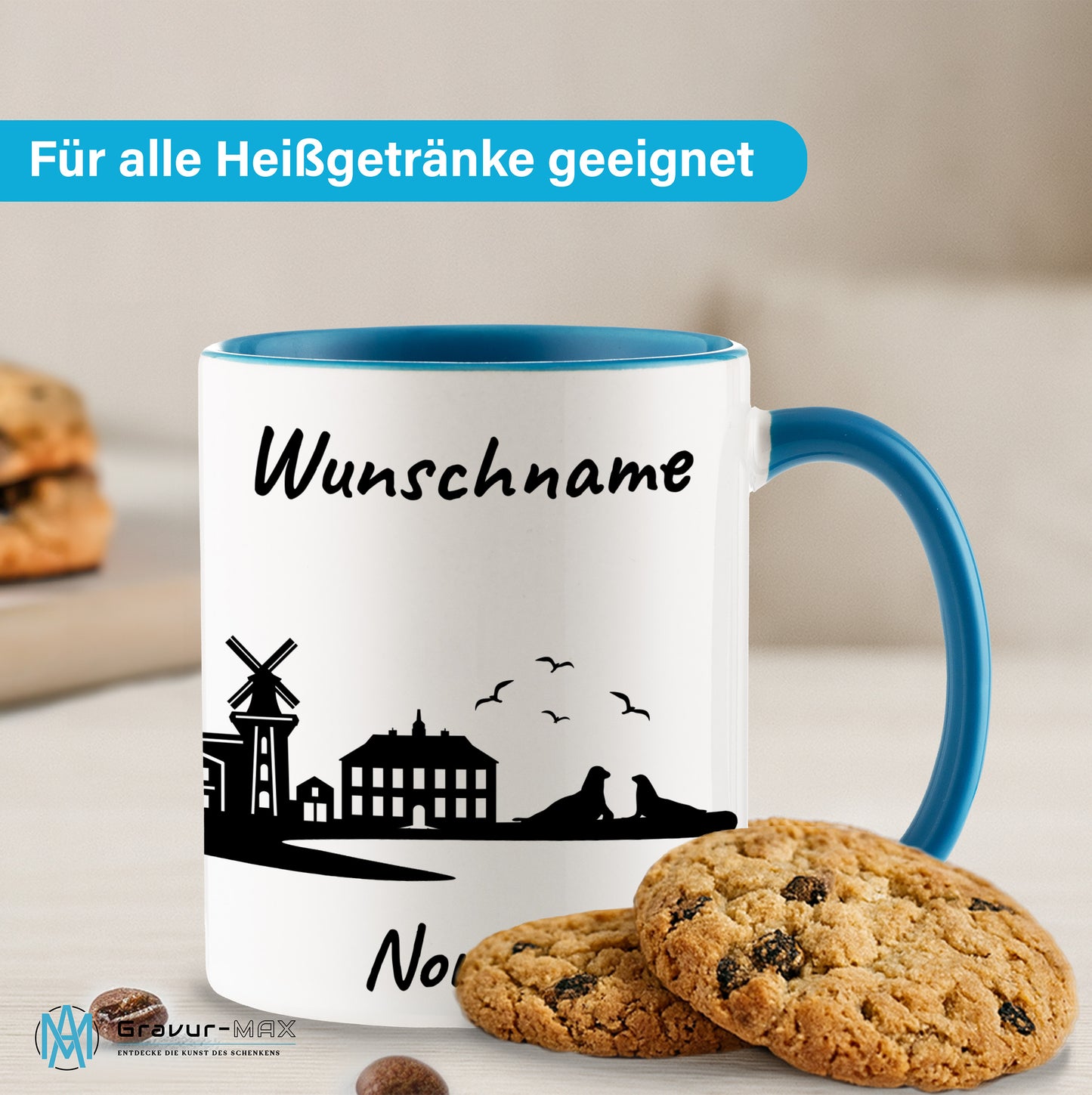 Tasse in Hellblau 330ml bedruckt mit der Skyline von Norden personalisierbar mit Wunschname