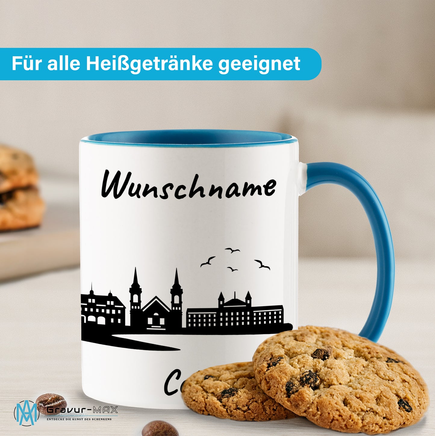 Tasse in Hellblau 330ml bedruckt mit der Skyline von Celle personalisierbar mit Wunschname