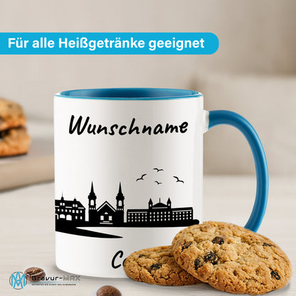 Tasse in Hellblau 330ml bedruckt mit der Skyline von Celle personalisierbar mit Wunschname