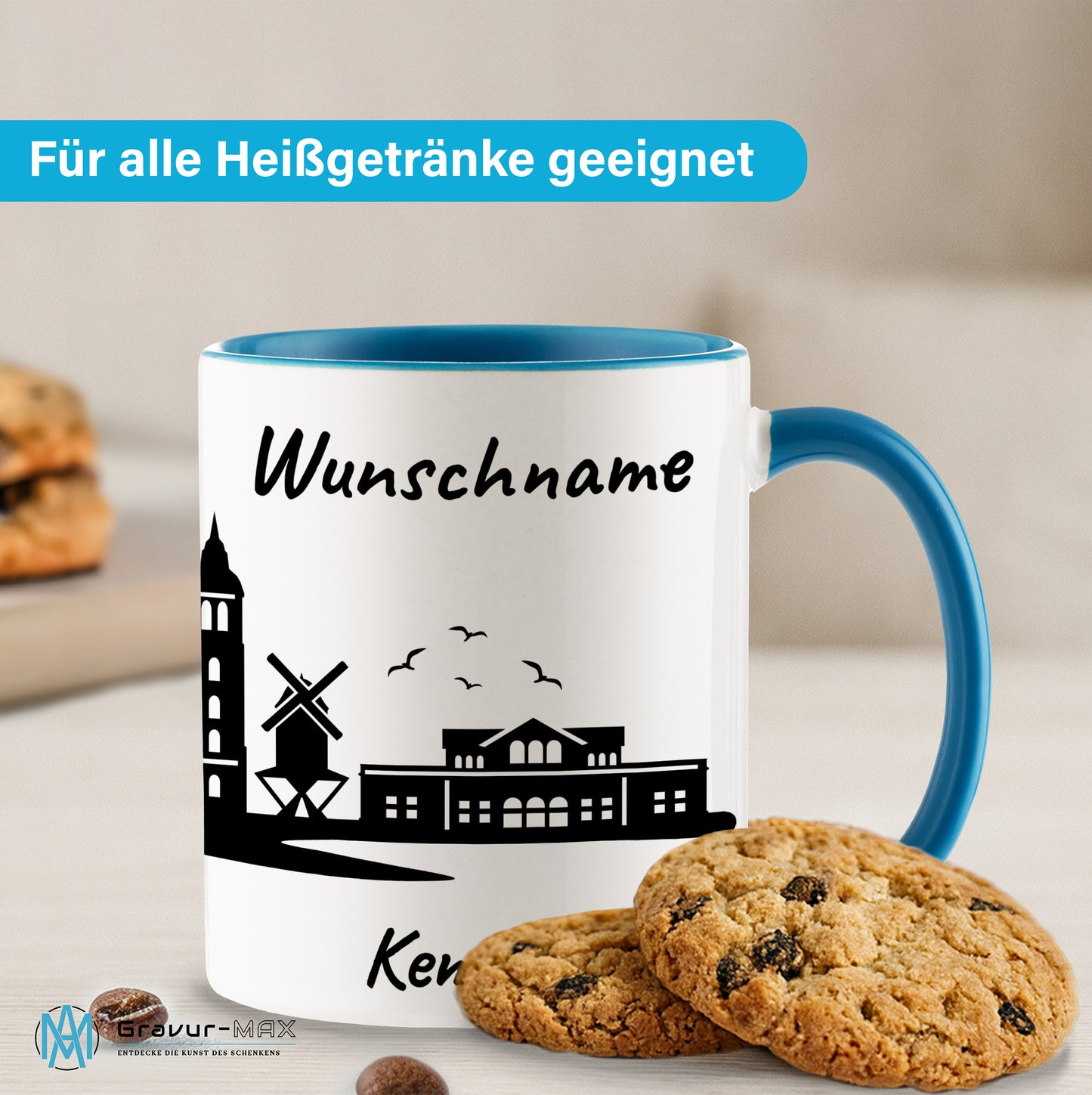 Tasse in Hellblau 330ml bedruckt mit der Skyline von Kempen personalisierbar mit Wunschname
