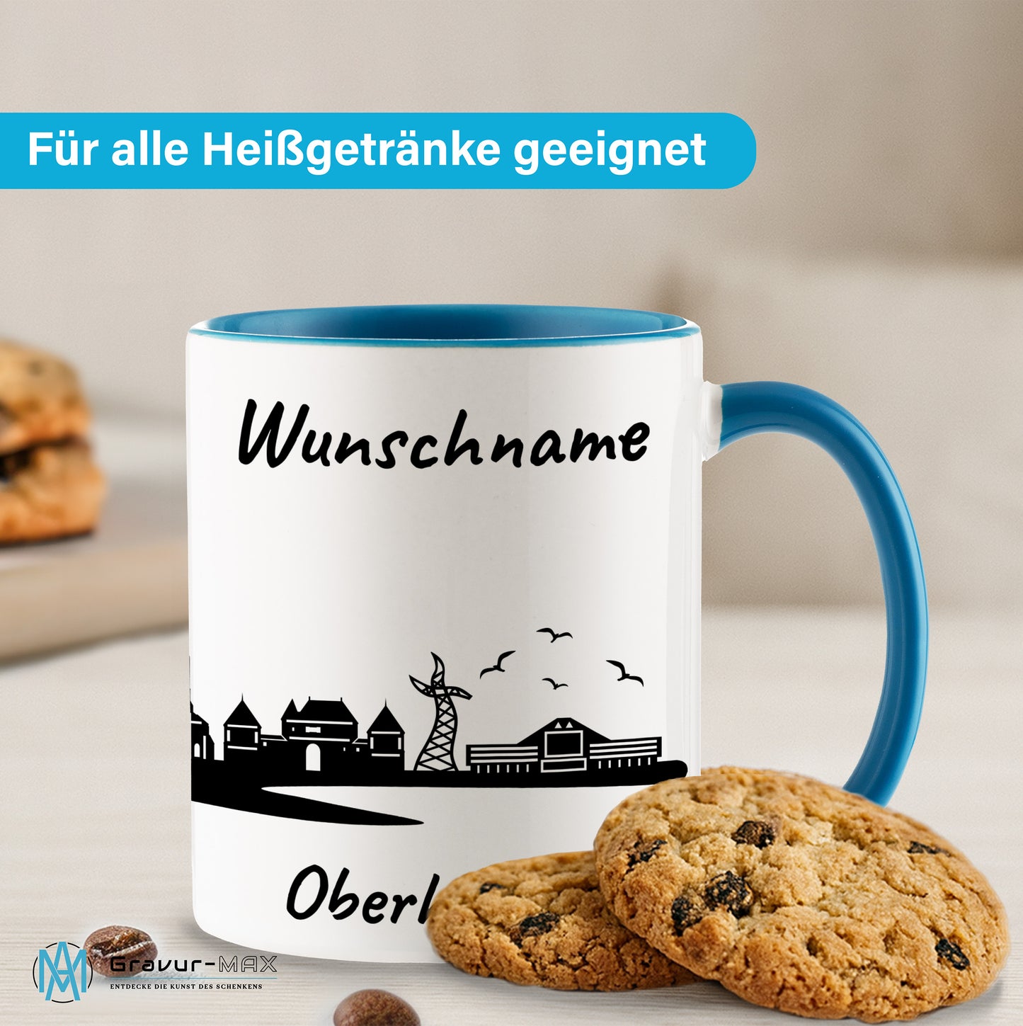 Tasse in Hellblau 330ml bedruckt mit der Skyline von Oberhausen personalisierbar mit Wunschname