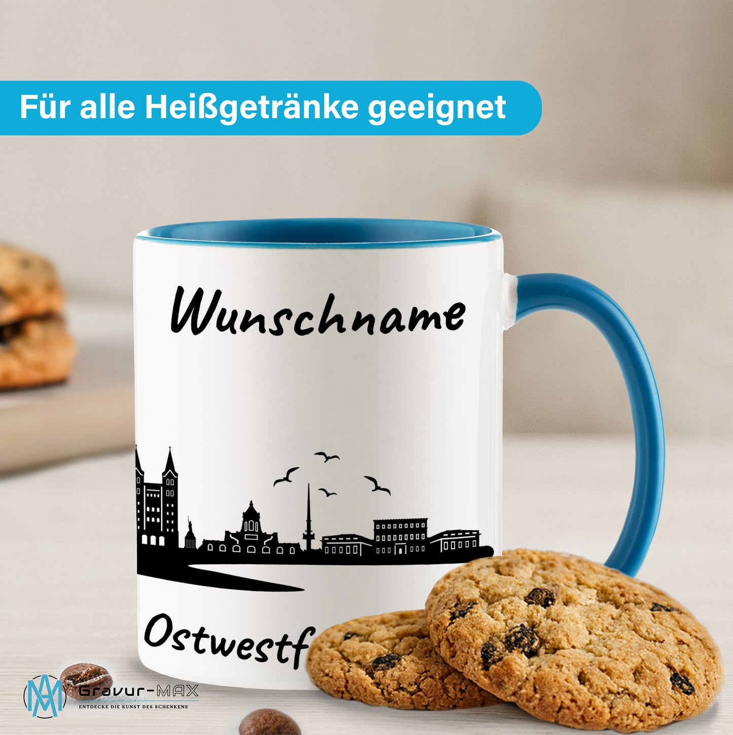 Tasse in Hellblau 330ml bedruckt mit der Skyline von Ostwestfalen-Lippe personalisierbar mit Wunschname
