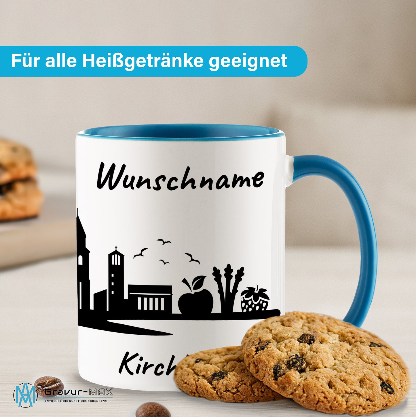 Tasse in Hellblau 330ml bedruckt mit der Skyline von Kirchhellen personalisierbar mit Wunschname