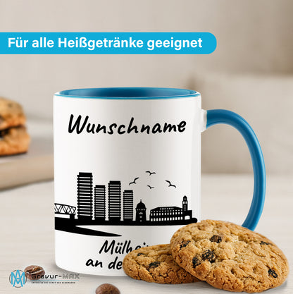 Tasse in Hellblau 330ml bedruckt mit der Skyline von Mülheim an der Ruhr personalisierbar mit Wunschname