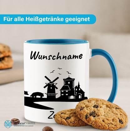 Tasse in Hellblau 330ml bedruckt mit der Skyline von Zons (Dormagen) personalisierbar mit Wunschname