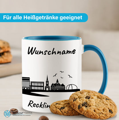 Tasse in Hellblau 330ml bedruckt mit der Skyline von Recklinghausen personalisierbar mit Wunschname