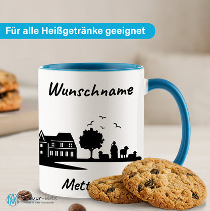 Tasse in Hellblau 330ml bedruckt mit der Skyline von Mettmann personalisierbar mit Wunschname