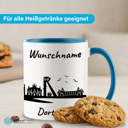 Tasse in Hellblau 330ml bedruckt mit der Skyline von Dortmund personalisierbar mit Wunschname