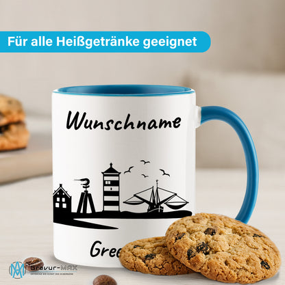 Tasse in Hellblau 330ml bedruckt mit der Skyline von Greetsiel personalisierbar mit Wunschname