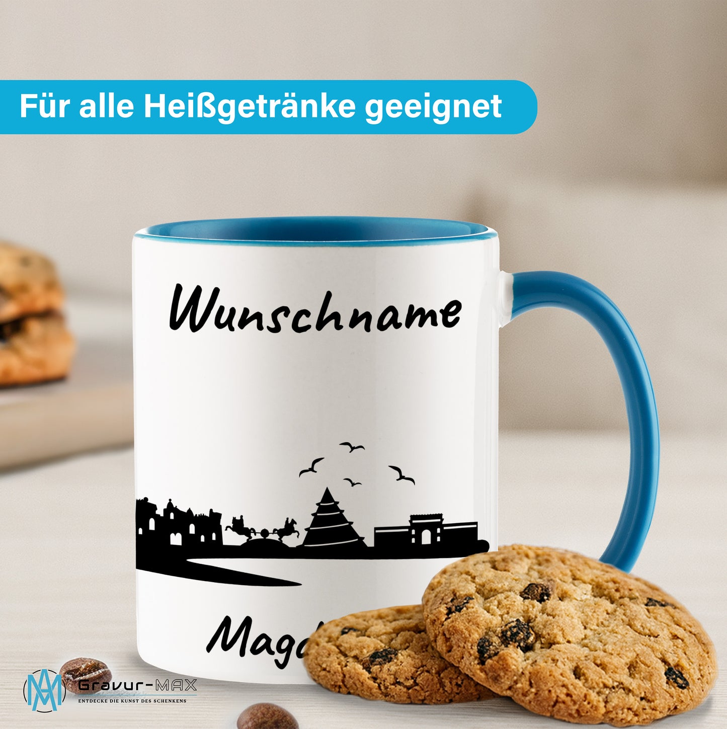 Tasse in Hellblau 330ml bedruckt mit der Skyline von Magdeburg personalisierbar mit Wunschname