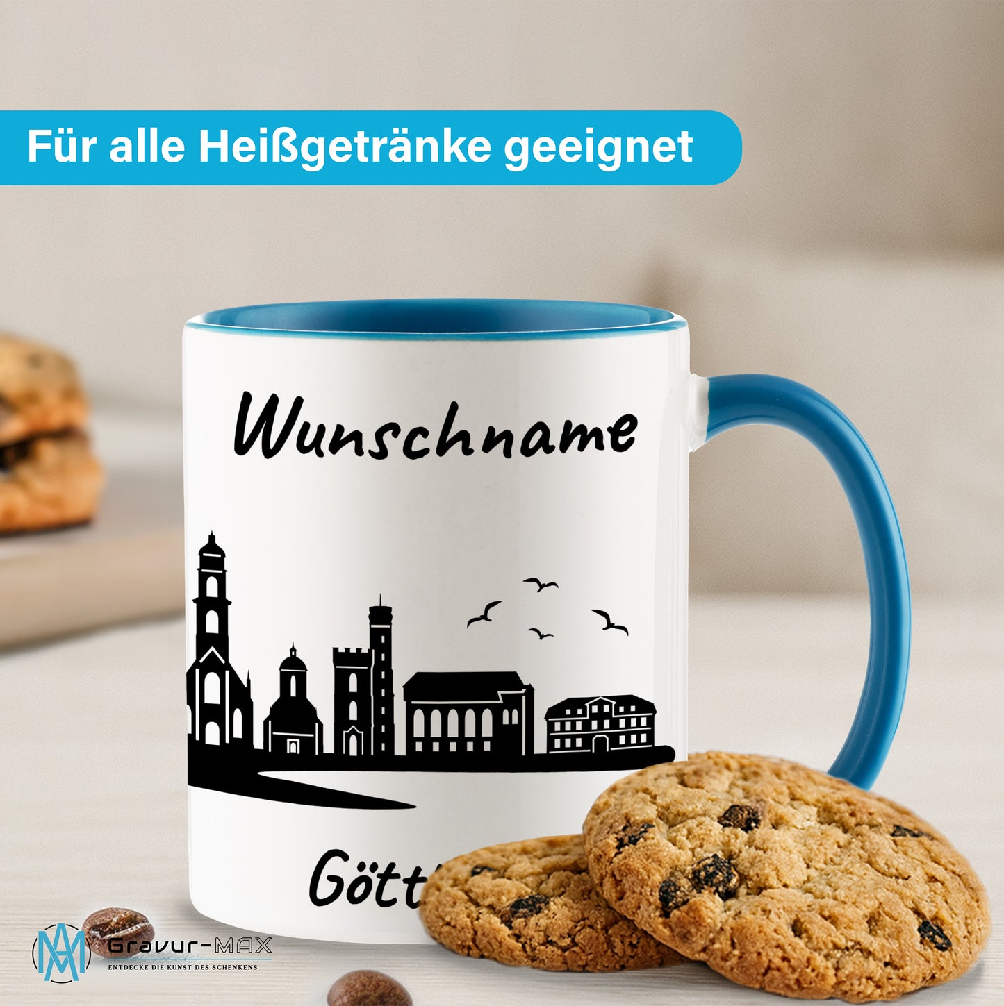Tasse in Hellblau 330ml bedruckt mit der Skyline von Göttingen personalisierbar mit Wunschname