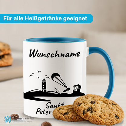 Tasse in Hellblau 330ml bedruckt mit der Skyline von Sankt Peter-Ording personalisierbar mit Wunschname