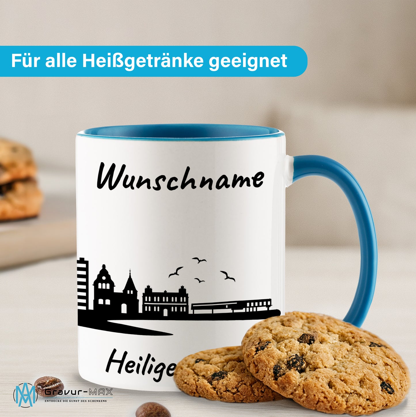 Tasse in Hellblau 330ml bedruckt mit der Skyline von Heiligenhafen personalisierbar mit Wunschname
