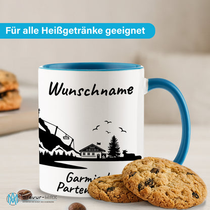 Tasse in Hellblau 330ml bedruckt mit der Skyline von Garmisch-Partenkirchen personalisierbar mit Wunschname