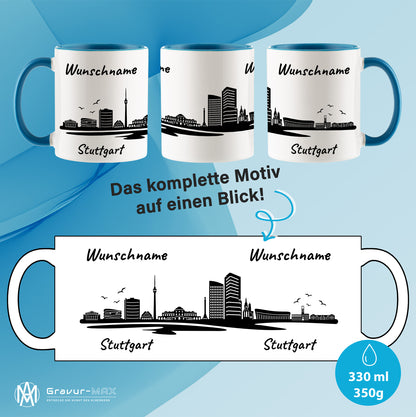 Tasse in Hellblau 330ml bedruckt mit der Skyline von Stuttgart personalisierbar mit Wunschname