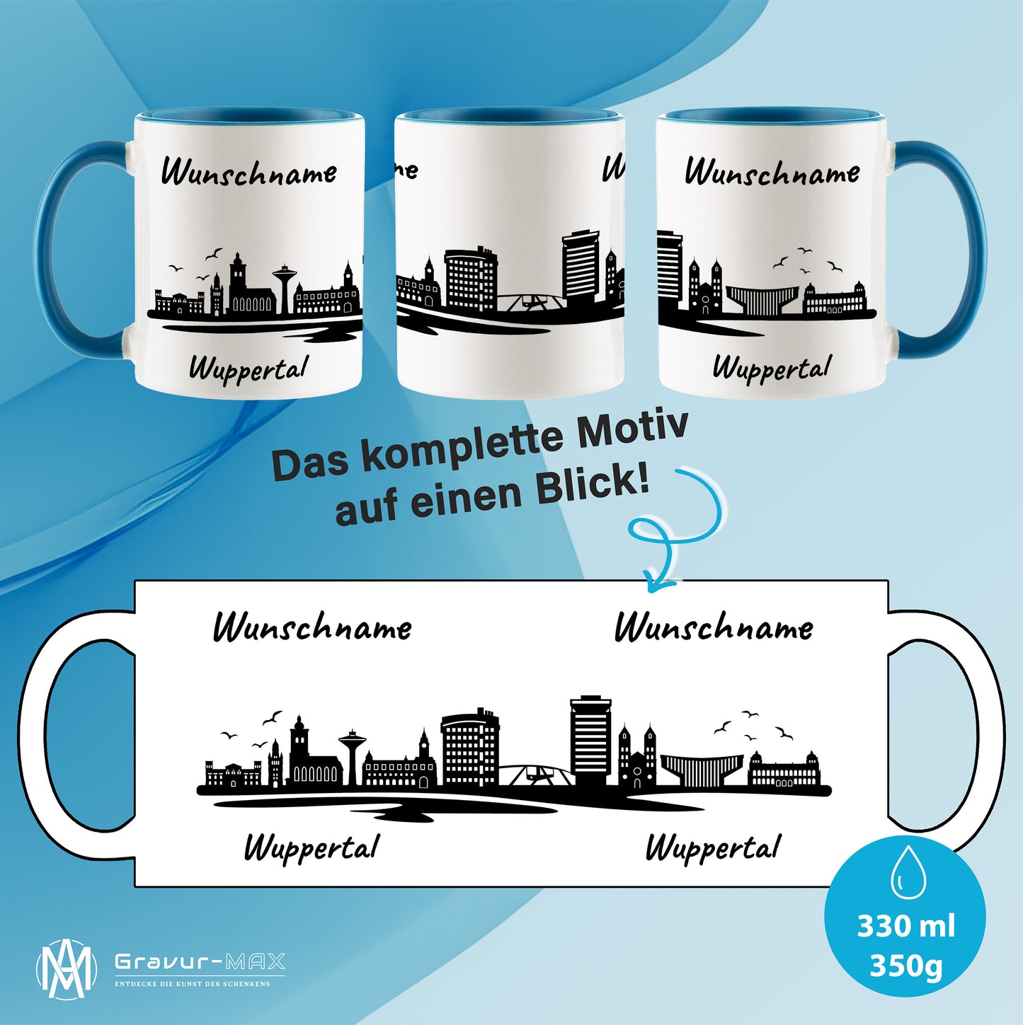 Tasse in Hellblau 330ml bedruckt mit der Skyline von Wuppertal personalisierbar mit Wunschname