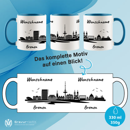 Tasse in Hellblau 330ml bedruckt mit der Skyline von Bremen personalisierbar mit Wunschname