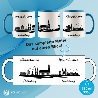 Tasse in Hellblau 330ml bedruckt mit der Skyline von Heidelberg personalisierbar mit Wunschname