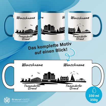 Tasse in Hellblau 330ml bedruckt mit der Skyline von Timmendorfer Strand personalisierbar mit Wunschname