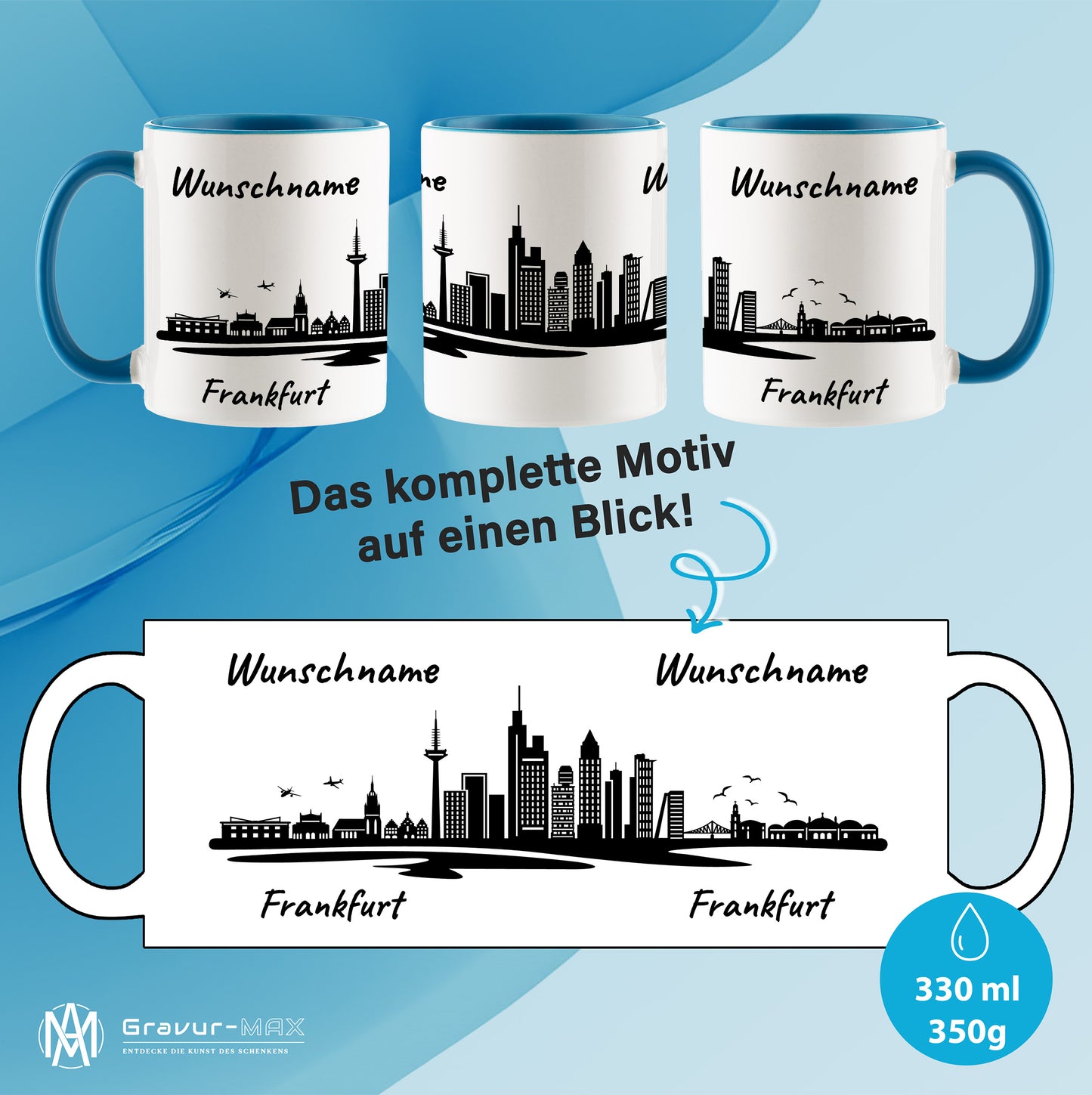 Tasse in Hellblau 330ml bedruckt mit der Skyline von Frankfurt personalisierbar mit Wunschname