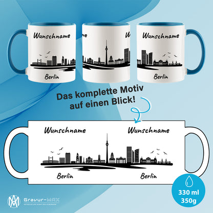 Tasse in Hellblau 330ml bedruckt mit der Skyline von Berlin personalisierbar mit Wunschname