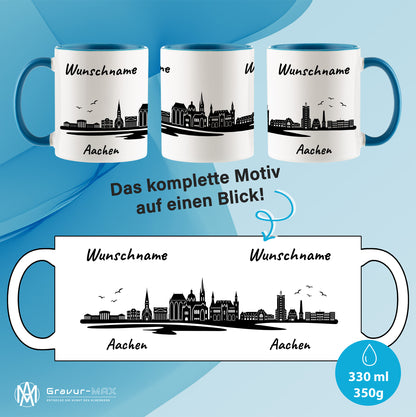 Tasse in Hellblau 330ml bedruckt mit der Skyline von Aachen personalisierbar mit Wunschname